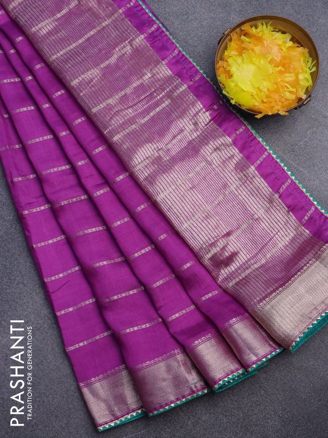 Semi chanderi saree purple and teal green with allover stripes pattern and zari woven & gotapatti lace work border