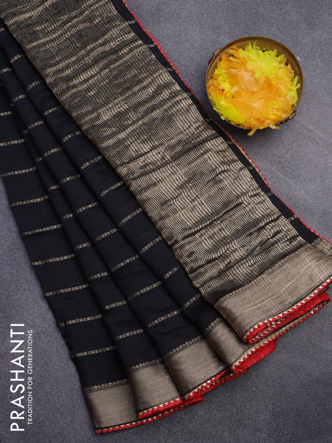 Semi chanderi saree black and red with allover stripes pattern and zari woven & gotapatti lace work border