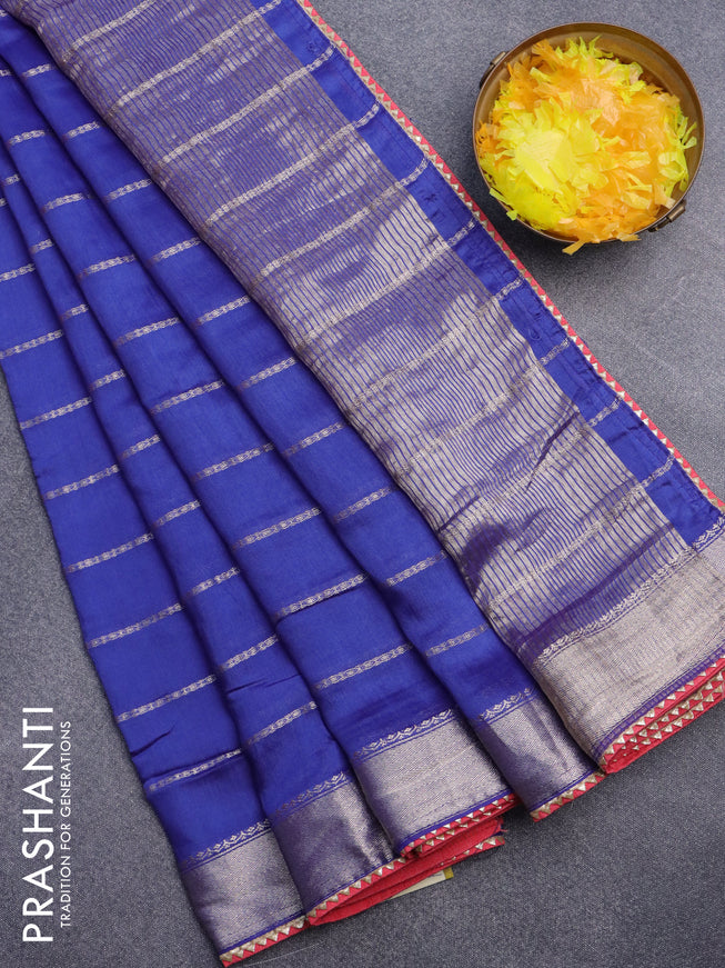 Semi chanderi saree blue and red with allover stripes pattern and zari woven & gotapatti lace work border