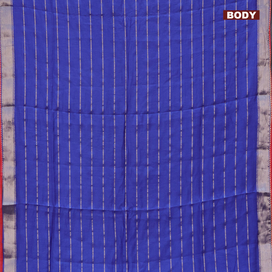 Semi chanderi saree blue and red with allover stripes pattern and zari woven & gotapatti lace work border