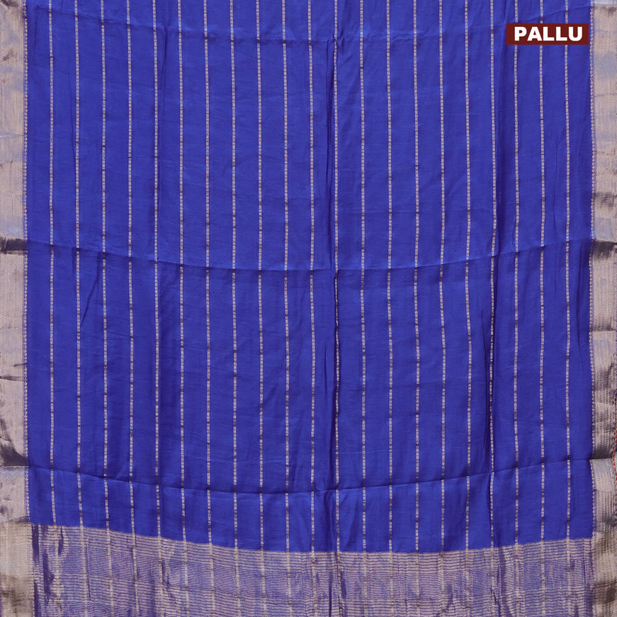 Semi chanderi saree blue and red with allover stripes pattern and zari woven & gotapatti lace work border