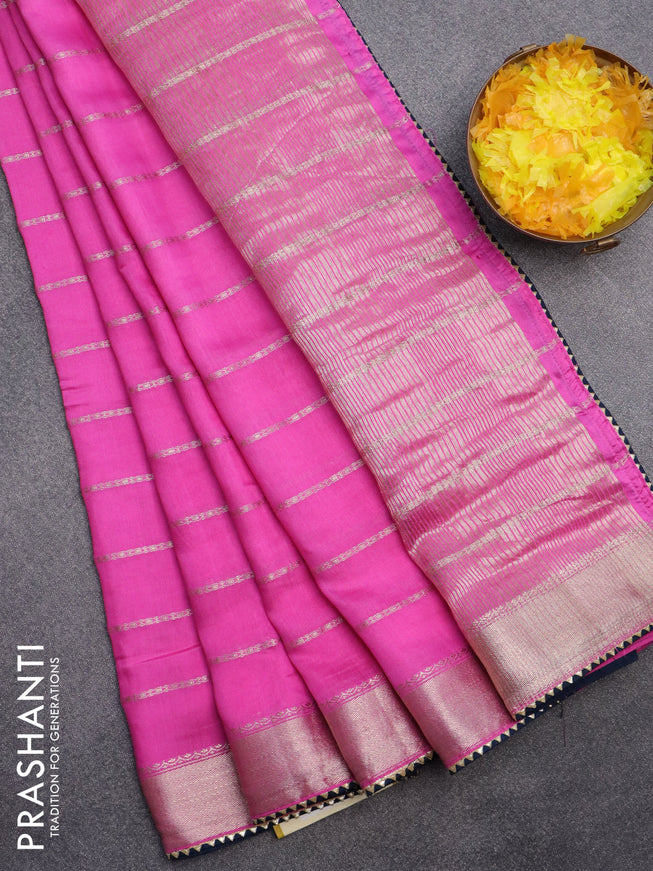 Semi chanderi saree pink and peacock green with allover stripes pattern and zari woven & gotapatti lace work border