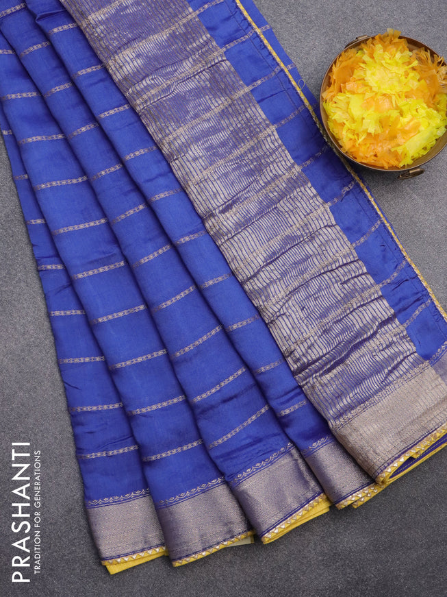 Semi chanderi saree blue and yellow with allover stripes pattern and zari woven & gotapatti lace work border