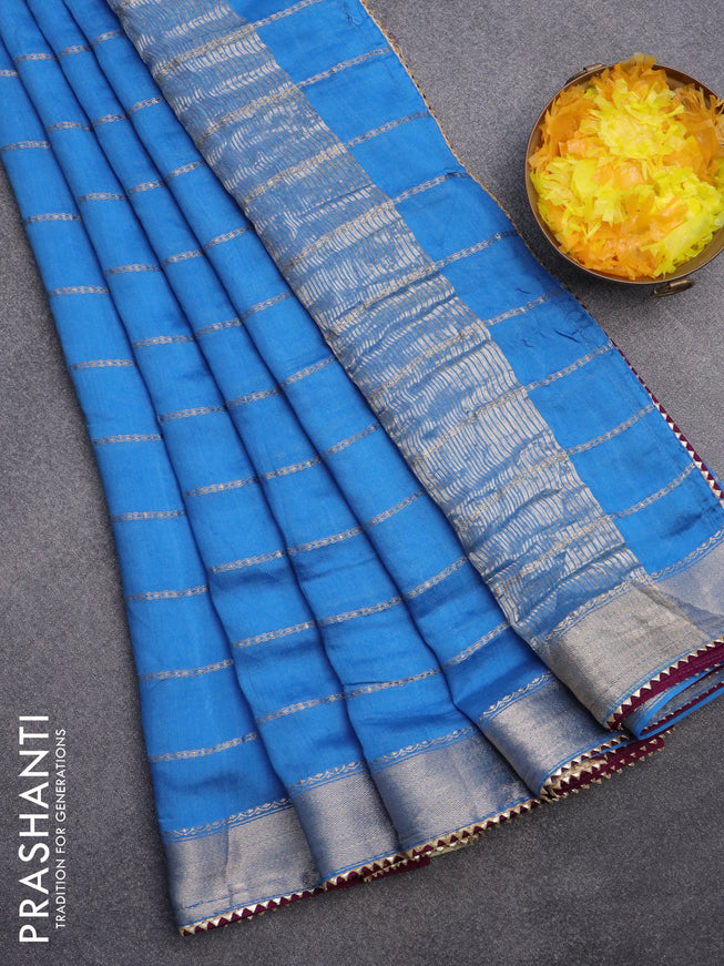 Semi chanderi saree cs blue and purple with allover stripes pattern and zari woven & gotapatti lace work border