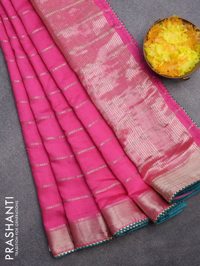 Semi chanderi saree pink and peacock green with allover stripes pattern and zari woven & gotapatti lace work border