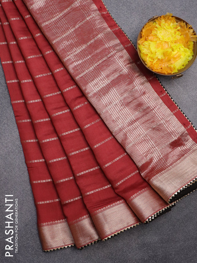 Semi chanderi saree maroon and black with allover stripes pattern and zari woven & gotapatti lace work border