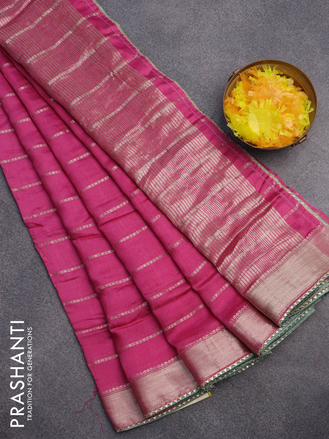 Semi chanderi saree pink and pastel green with allover stripes pattern and zari woven & gotapatti lace work border