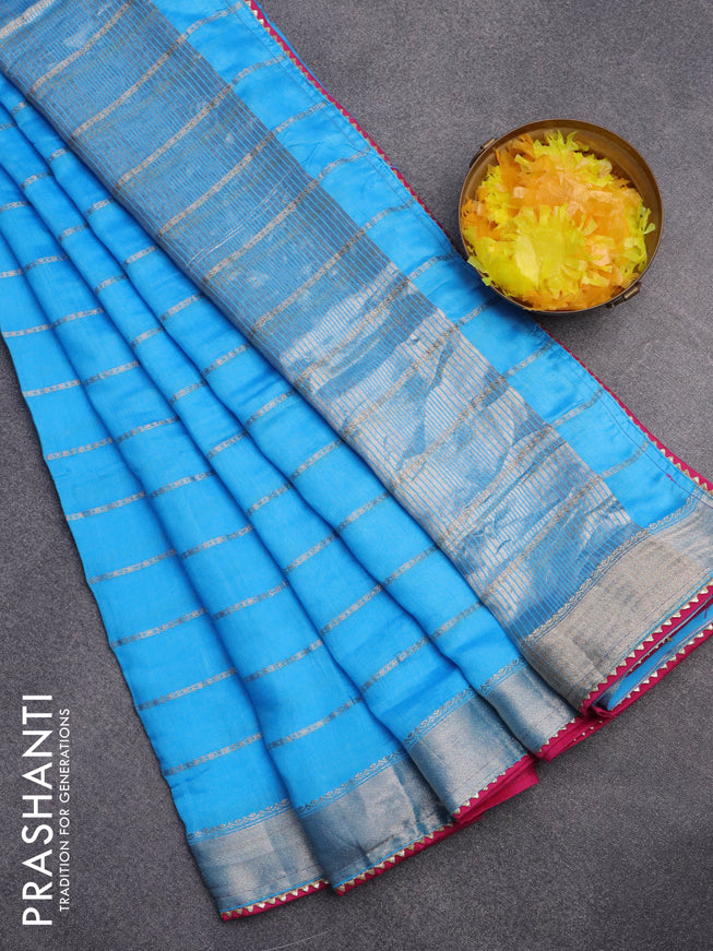 Semi chanderi saree light blue and pink with allover stripes pattern and zari woven & gotapatti lace work border