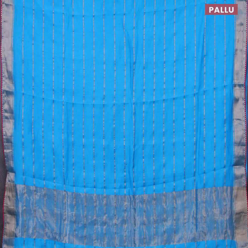 Semi chanderi saree light blue and pink with allover stripes pattern and zari woven & gotapatti lace work border