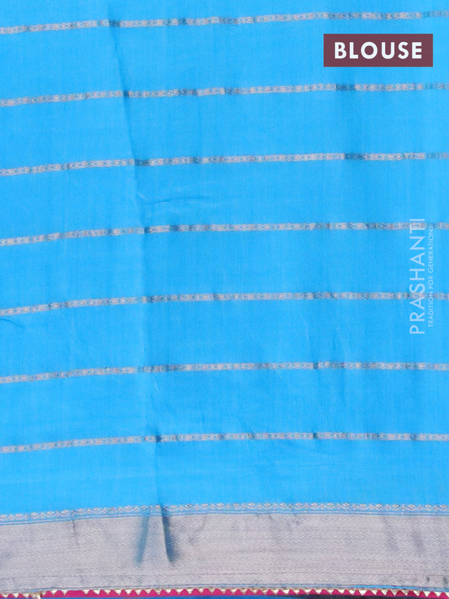 Semi chanderi saree light blue and pink with allover stripes pattern and zari woven & gotapatti lace work border