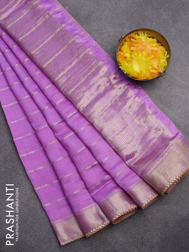 Semi chanderi saree lavender shade and brown with allover stripes pattern and zari woven & gotapatti lace work border