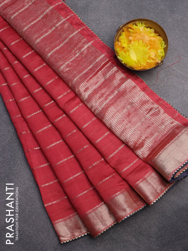 Semi chanderi saree red and grey with allover stripes pattern and zari woven & gotapatti lace work border