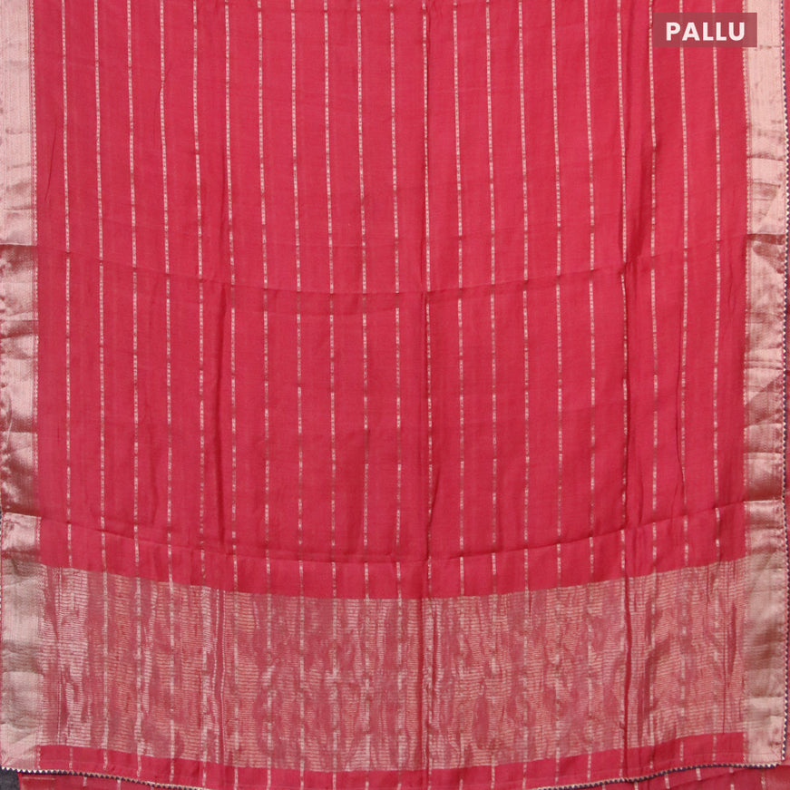 Semi chanderi saree red and grey with allover stripes pattern and zari woven & gotapatti lace work border