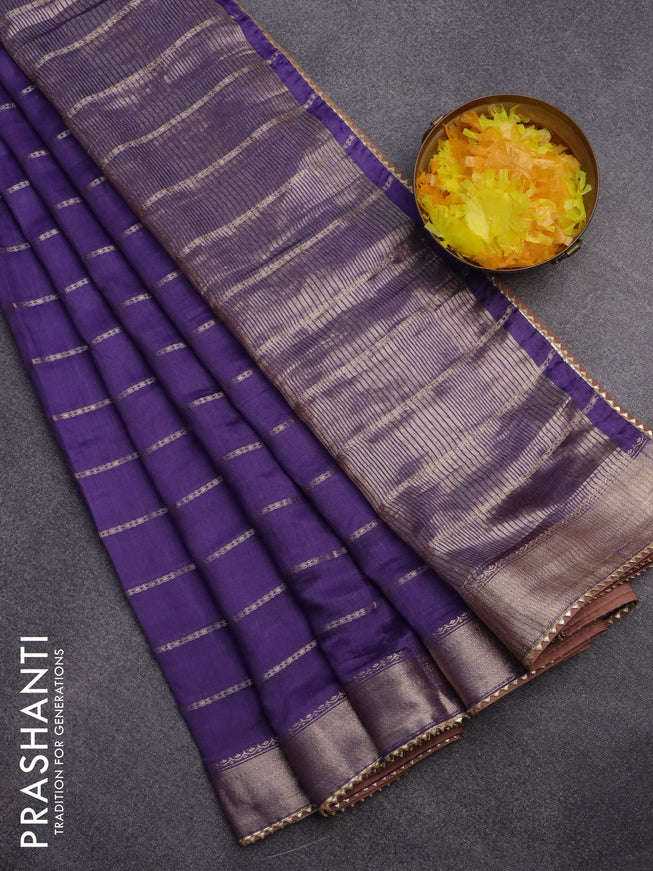 Semi chanderi saree deep violet and brwon with allover stripes pattern and zari woven & gotapatti lace work border