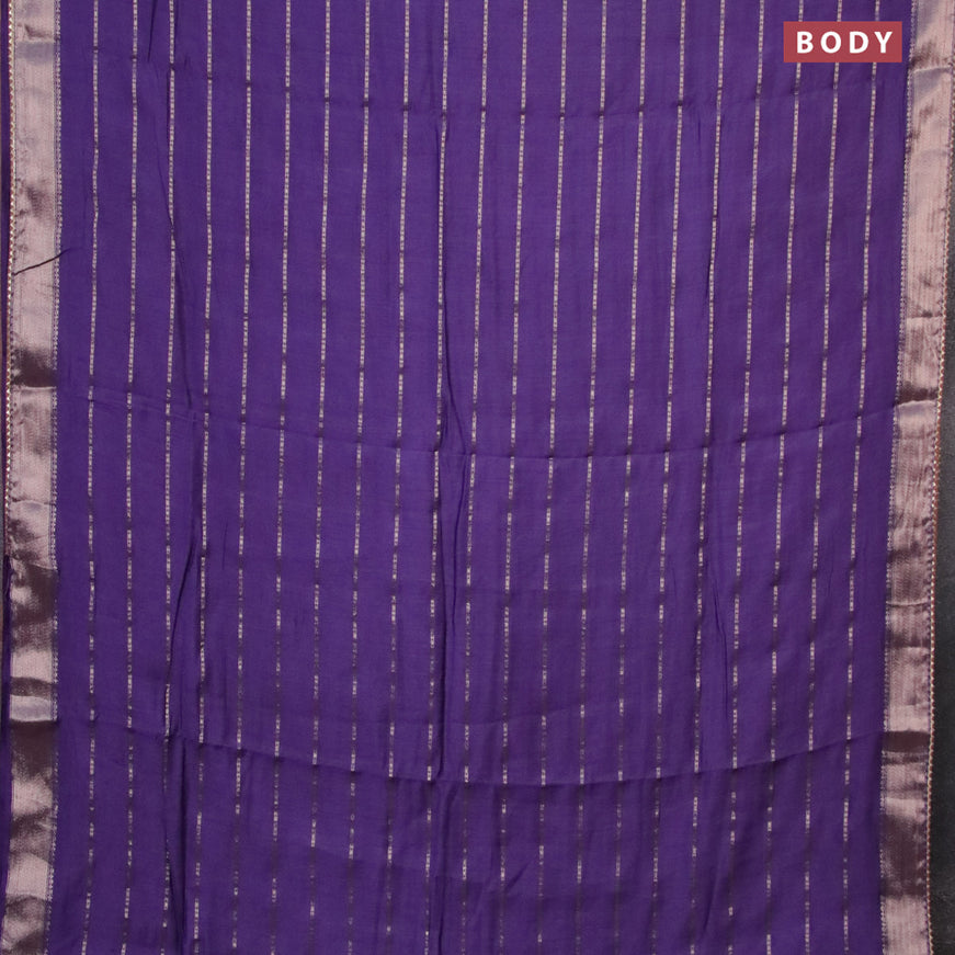 Semi chanderi saree deep violet and brwon with allover stripes pattern and zari woven & gotapatti lace work border