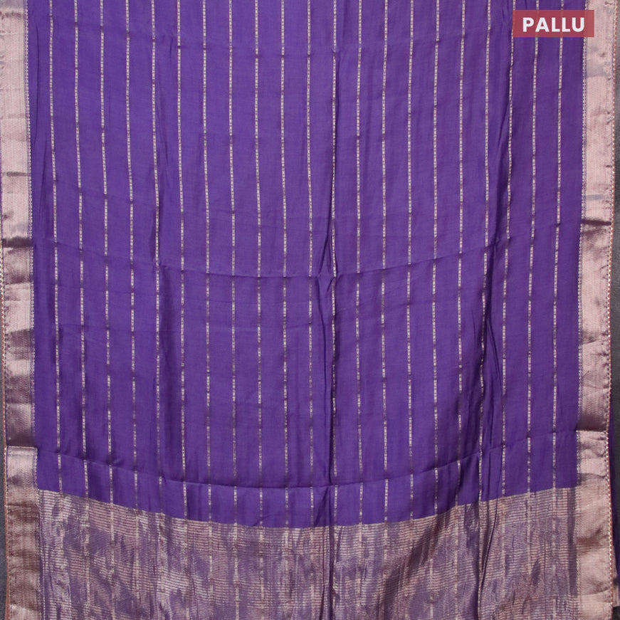 Semi chanderi saree deep violet and brwon with allover stripes pattern and zari woven & gotapatti lace work border