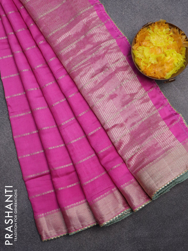 Semi chanderi saree pink and pastel green with allover stripes pattern and zari woven & gotapatti lace work border