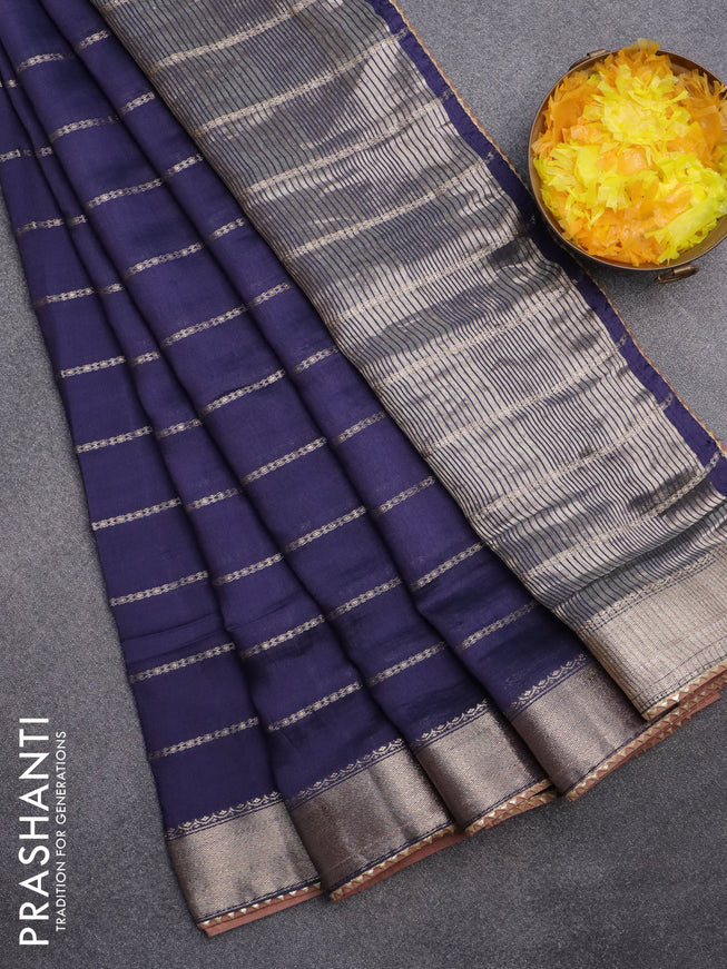 Semi chanderi saree dark blue and brown with allover stripes pattern and zari woven & gotapatti lace work border