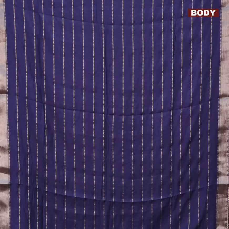 Semi chanderi saree dark blue and brown with allover stripes pattern and zari woven & gotapatti lace work border