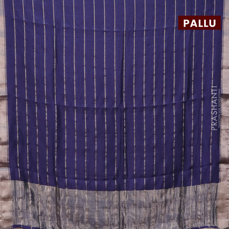 Semi chanderi saree dark blue and brown with allover stripes pattern and zari woven & gotapatti lace work border