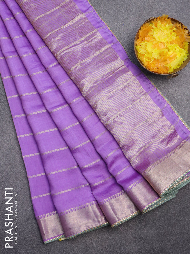 Semi chanderi saree lavender and pastel green with allover stripes pattern and zari woven & gotapatti lace work border