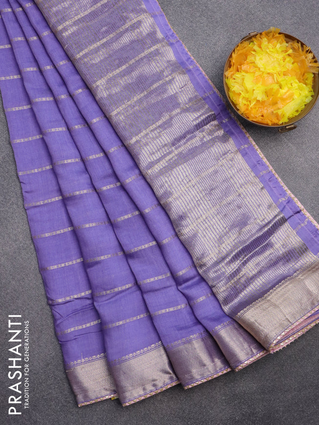 Semi chanderi saree lavender and baby pink with allover stripes pattern and zari woven & gotapatti lace work border