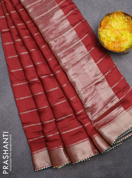 Semi chanderi saree maroon and green with allover stripes pattern and zari woven & gotapatti lace work border