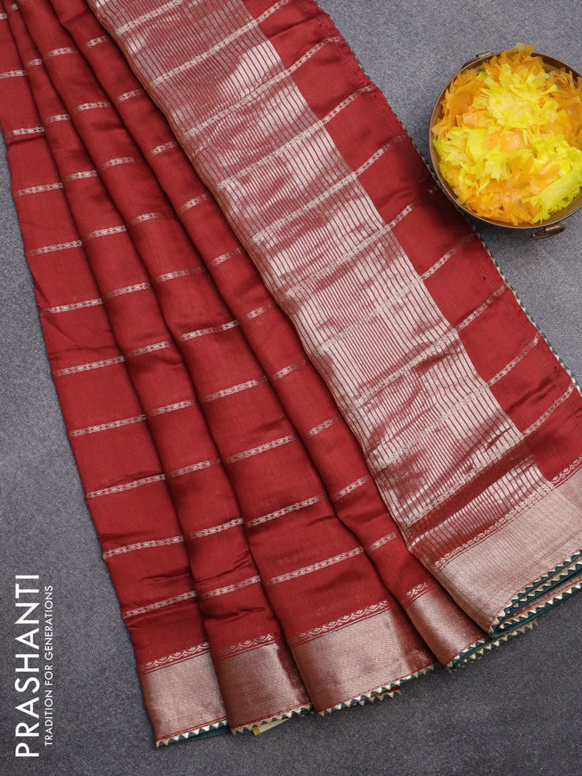 Semi chanderi saree maroon and green with allover stripes pattern and zari woven & gotapatti lace work border