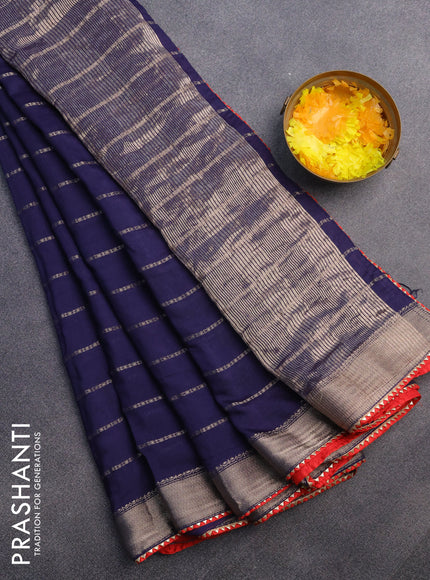 Semi chanderi saree dark blue and red with allover stripes pattern and zari woven & gotapatti lace work border