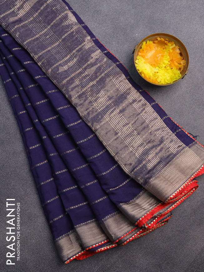 Semi chanderi saree dark blue and red with allover stripes pattern and zari woven & gotapatti lace work border