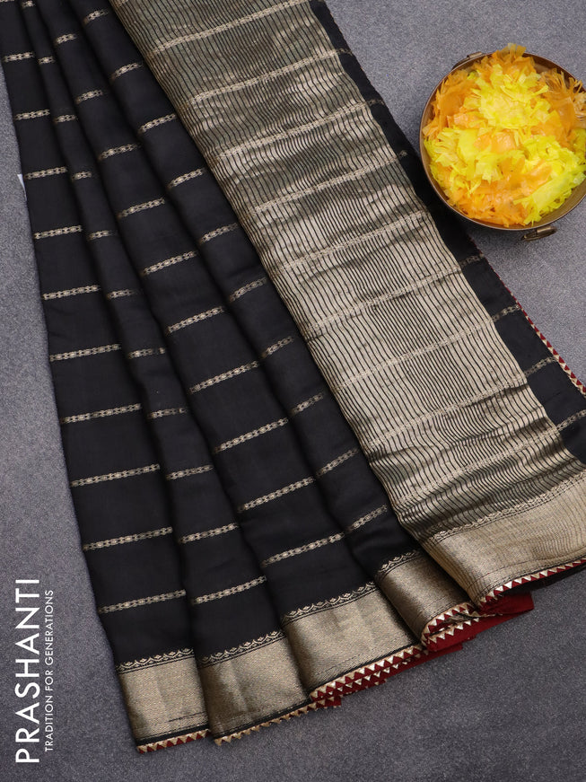 Semi chanderi saree black and maroon with allover stripes pattern and zari woven & gotapatti lace work border