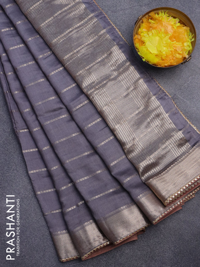 Semi chanderi saree grey and brown with allover stripes pattern and zari woven & gotapatti lace work border