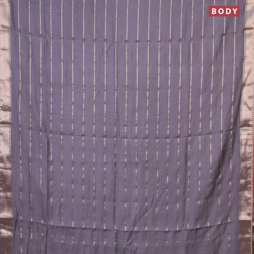 Semi chanderi saree grey and brown with allover stripes pattern and zari woven & gotapatti lace work border