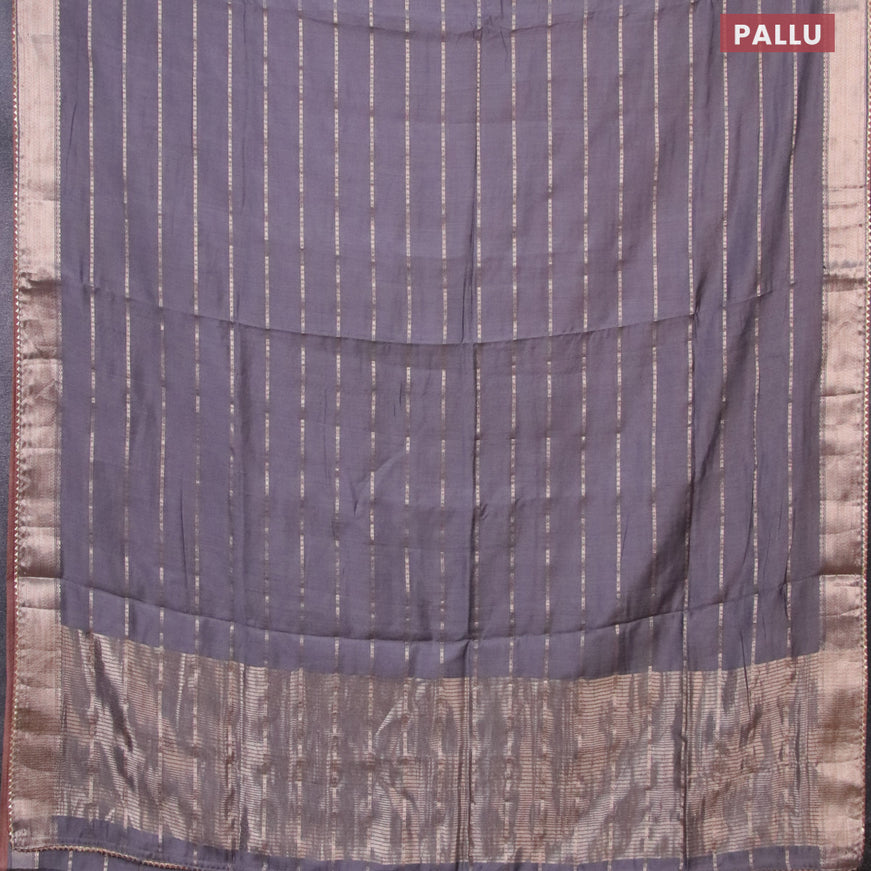 Semi chanderi saree grey and brown with allover stripes pattern and zari woven & gotapatti lace work border