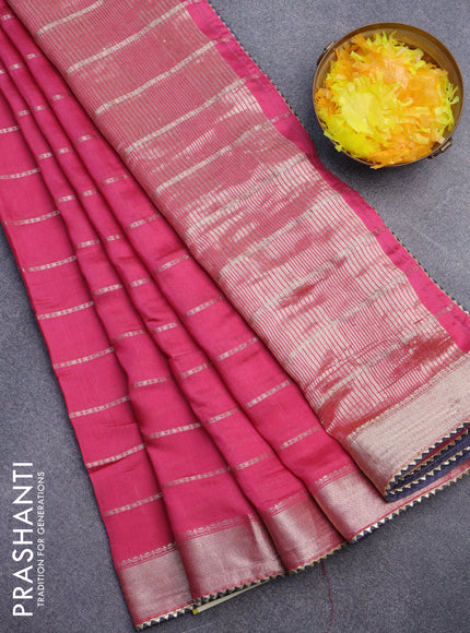 Semi chanderi saree pink and dark blue with allover stripes pattern and zari woven & gotapatti lace work border