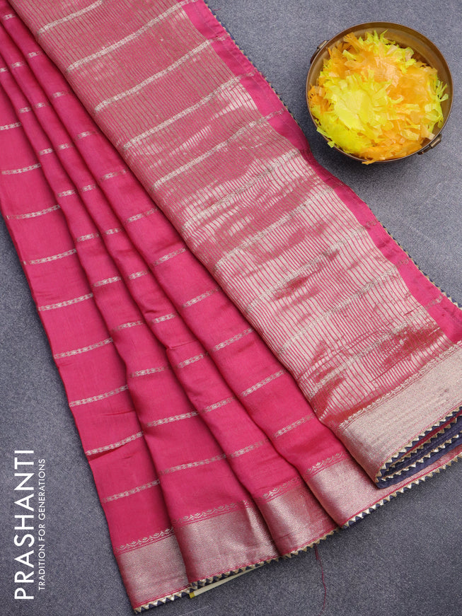 Semi chanderi saree pink and dark blue with allover stripes pattern and zari woven & gotapatti lace work border