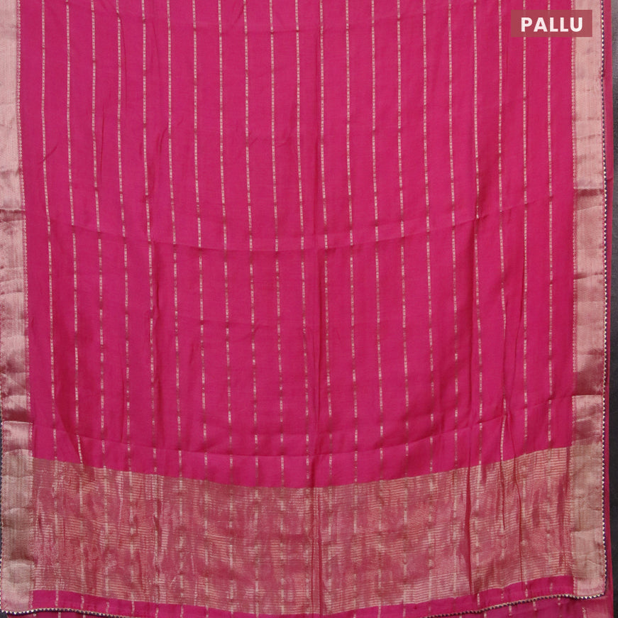 Semi chanderi saree pink and dark blue with allover stripes pattern and zari woven & gotapatti lace work border