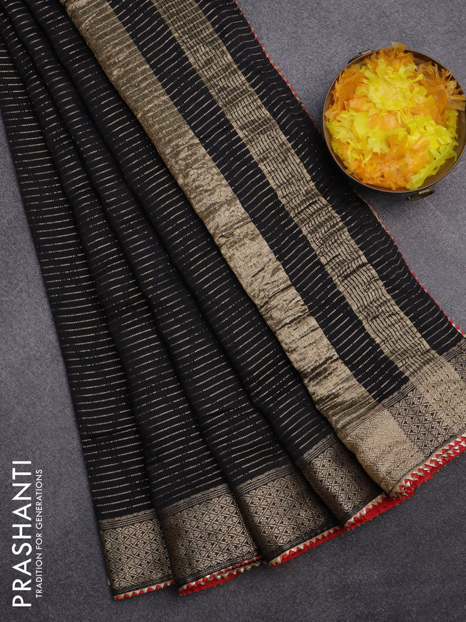 Semi chanderi saree black and red with allover zari weaves and zari woven & gotapatti lace work border