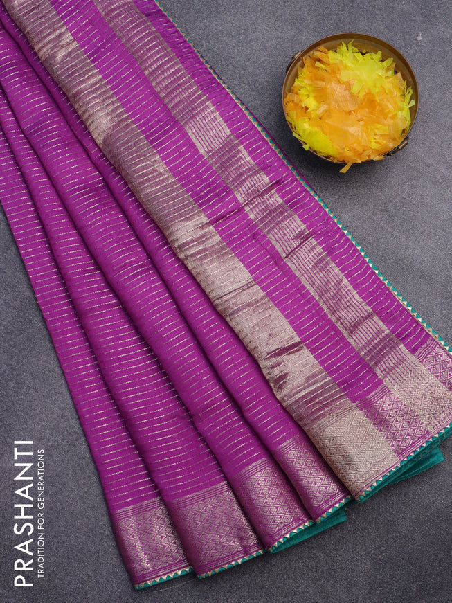 Semi chanderi saree purple and teal green with allover zari weaves and zari woven & gotapatti lace work border