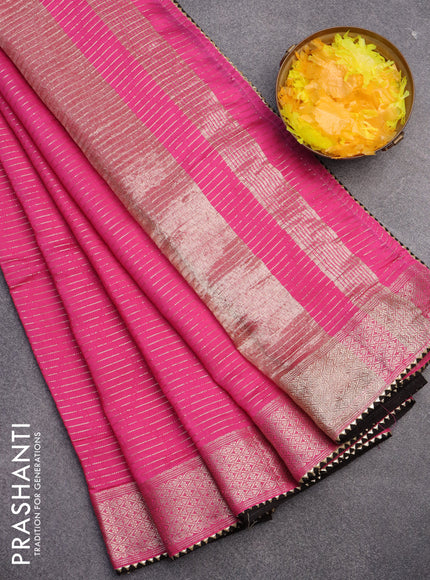 Semi chanderi saree pink and black with allover zari weaves and zari woven & gotapatti lace work border