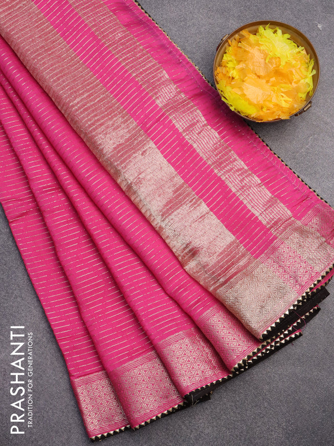 Semi chanderi saree pink and black with allover zari weaves and zari woven & gotapatti lace work border