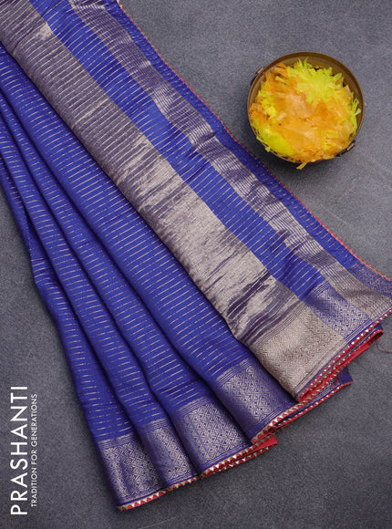 Semi chanderi saree blue and red with allover zari weaves and zari woven & gotapatti lace work border