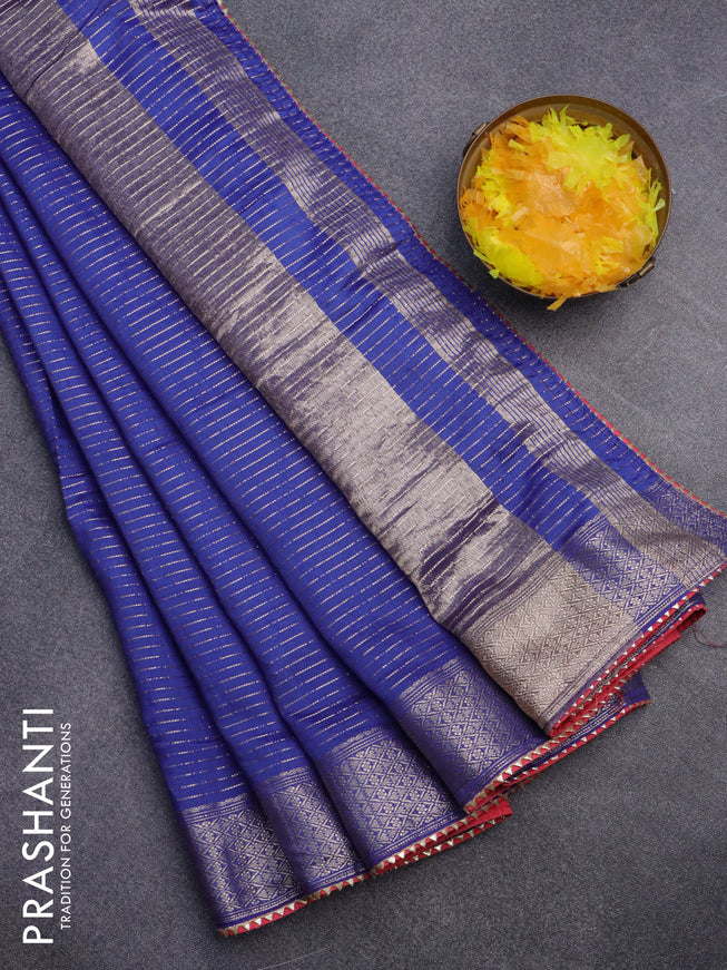 Semi chanderi saree blue and red with allover zari weaves and zari woven & gotapatti lace work border