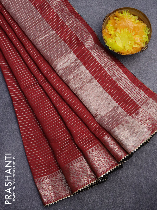 Semi chanderi saree maroon and black with allover zari weaves and zari woven & gotapatti lace work border