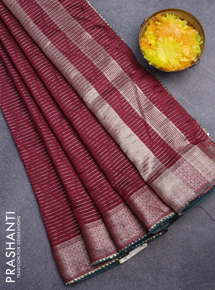 Semi chanderi saree maroon and green with allover zari weaves and zari woven & gotapatti lace work border