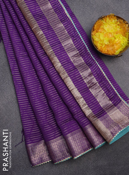 Semi chanderi saree violet and teal blue with allover zari weaves and zari woven & gotapatti lace work border