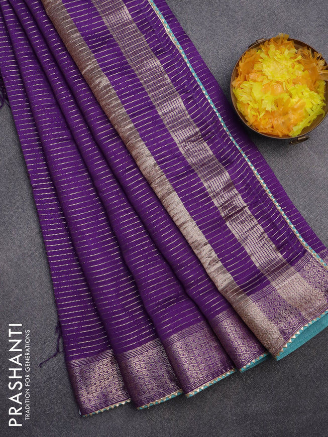 Semi chanderi saree violet and teal blue with allover zari weaves and zari woven & gotapatti lace work border