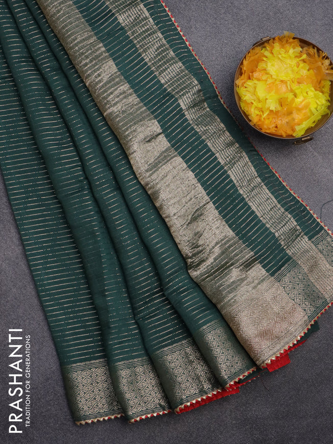 Semi chanderi saree green and red with allover zari weaves and zari woven & gotapatti lace work border