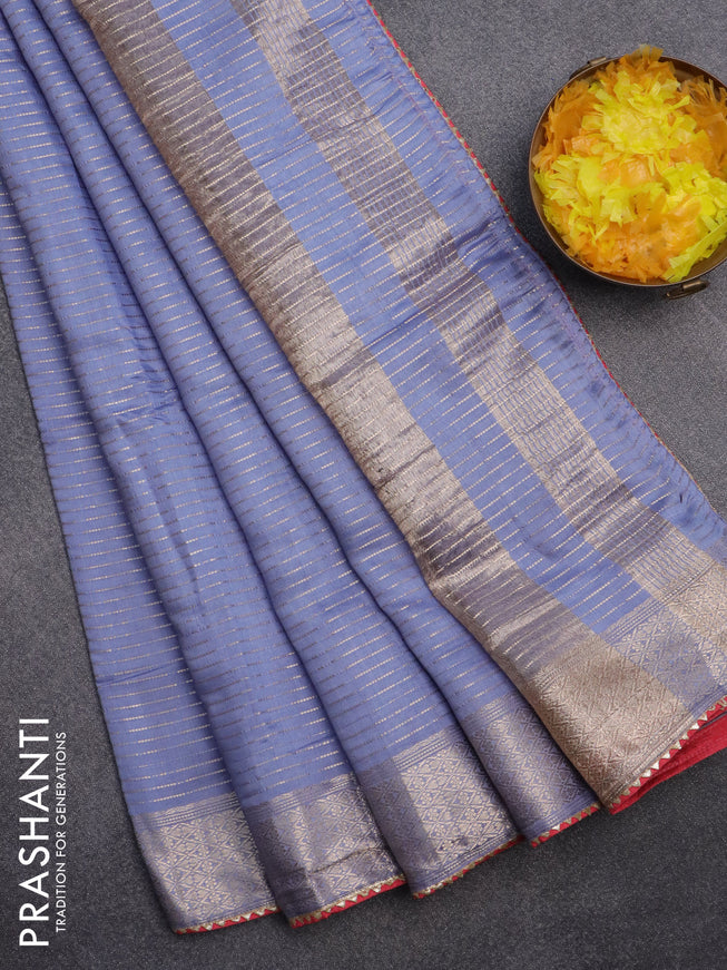 Semi chanderi saree bluish grey and red with allover zari weaves and zari woven & gotapatti lace work border