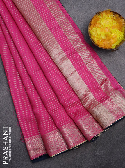 Semi chanderi saree pink and peacock blue with allover zari weaves and zari woven & gotapatti lace work border